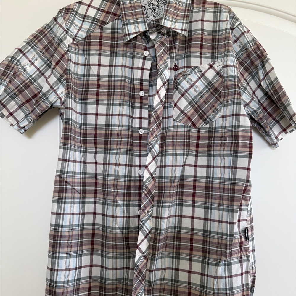 Volcom Men's Plaid Casual Button Down Shirt - Red, Gray, White